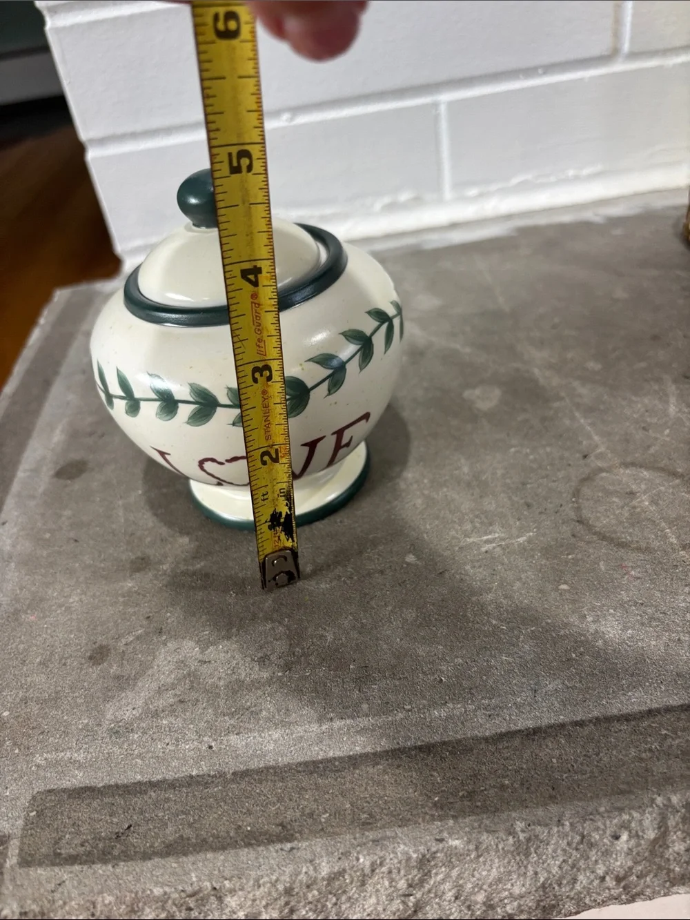 Cream Ceramic Joy Jar with Green Leaf Trim